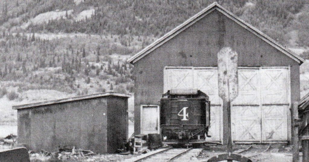 Richard Kindig photo of oil shed and engine house in June 1939, with tender from locomotive SN 4. (We reconstructed the spur with the harp switch to the opposite side of the track to make space for an entrance lane from 9th Street.) Photo from The Rainbow Route, p. 354