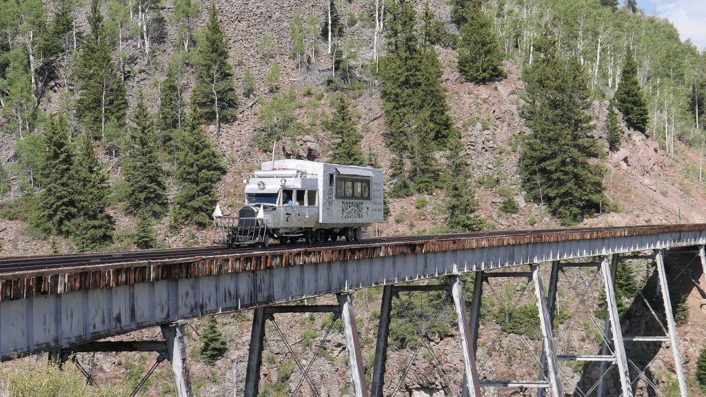 Goose 7 takes flight from CRRM as it crosses Cascade Trestle. (Photo; Mark Kasprowicz)